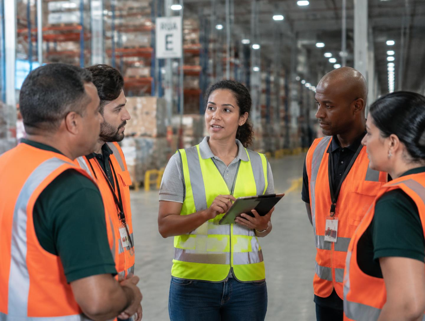 Supervisora orientando equipe em armazém